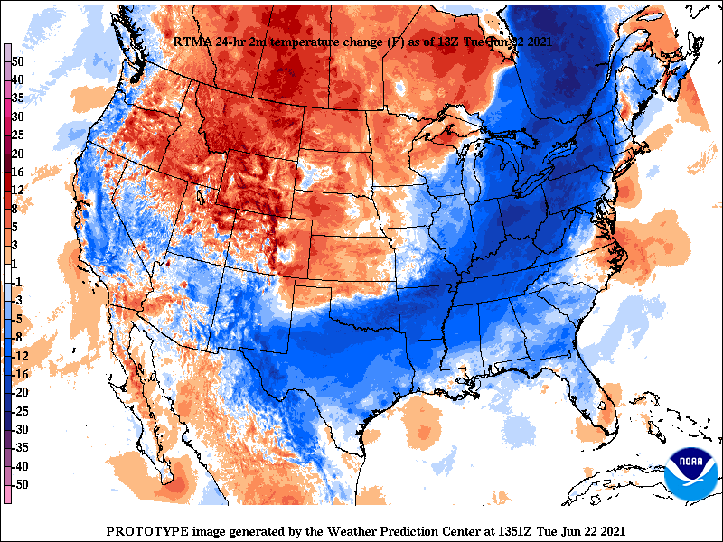 NWSWPC's tweet photo. A cold front moving through the East and South shows up nicely in the 24 hour temperature change as of 9 am EDT on June 22, 2021.  Some areas have dropped 20F+.  😱 https://t.co/4sQJwemL4g