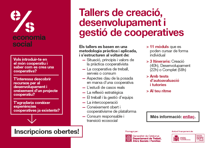 Als #TallersVirtuals d’<a href="/econ_socialcat/">Economia social</a> sobre cooperativisme coneixem casos reals inspiradors, com els de 
👉Filigrana Produccions 360 (cooperativa reball)
👉<a href="/EscolaElSol/">Escola Lliure el Sol, sccl</a> (cooperativa serveis)
👉<a href="/SomConnexio/">Som Connexió</a> (cooperativa consumidores i usuàries)
Més info: bit.ly/3vsE4BJ