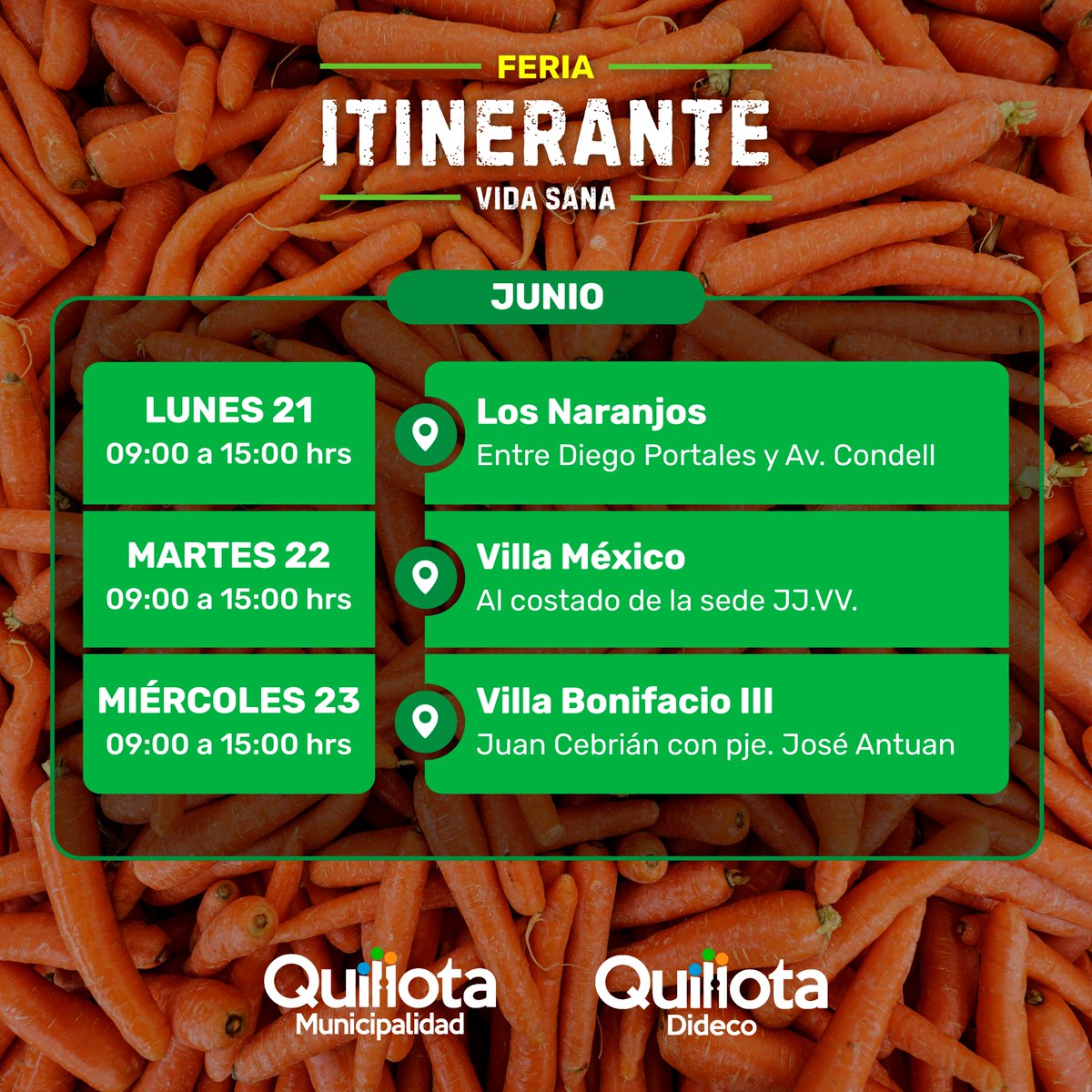 omilquillota's tweet photo. 🔴#FeriasMunicipales

Atención Comunidad 🌞
Recuerda que esta semana nuestras ya conocidas #FeriaItinerante y #FeriaAbastecimiento estarán presente en nuestra ciudad 🤩

Los mejores productos 🥬🍅 los encontrarás en las Ferias Municipales

#UdelQuillota #MuniQuillota https://t.co/2xGr7EY1Cd