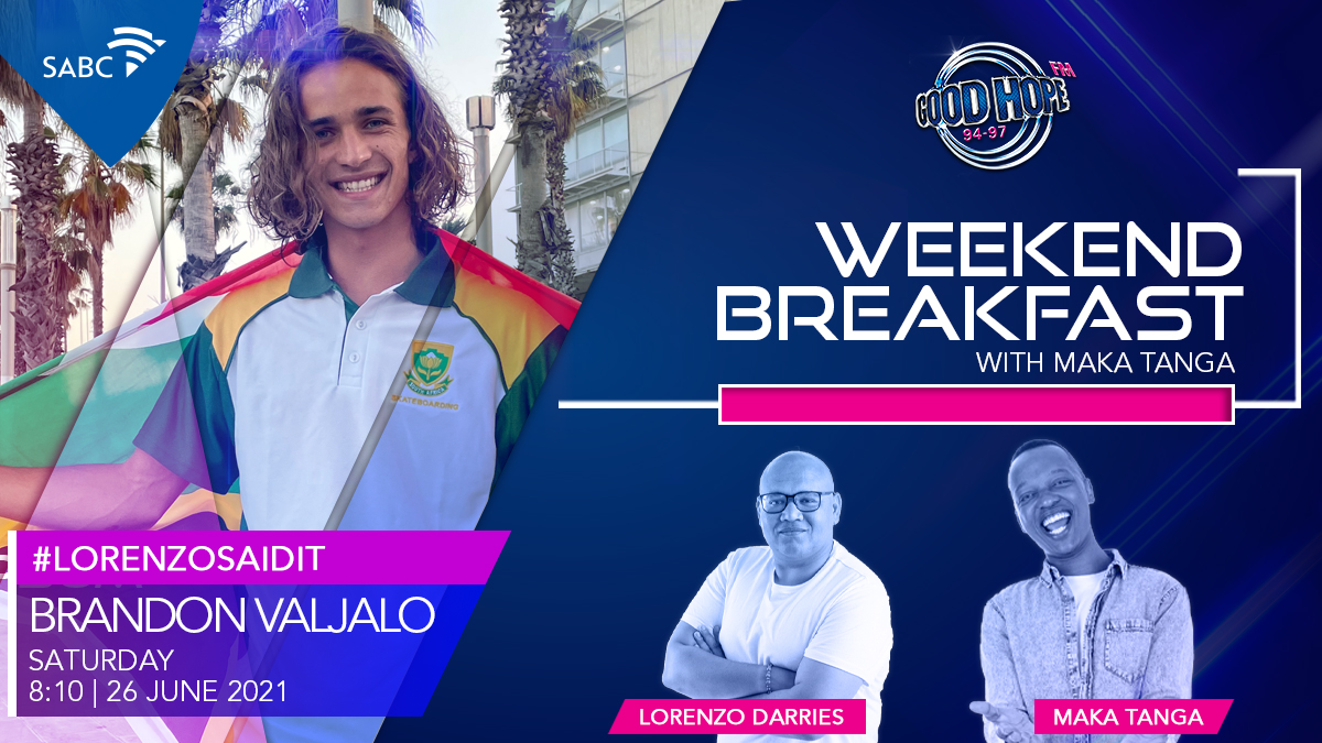 GoodHopeFM's tweet photo. 🛹 Tune in as @Lorenzo_Darries chats with the #1 skateboarder in Africa @BrandonValjalo on #WeekendBreakfast this Saturday.

#LorenzoSaidIt
#GHFMOlympicCatchUp https://t.co/6L5fLPWkth