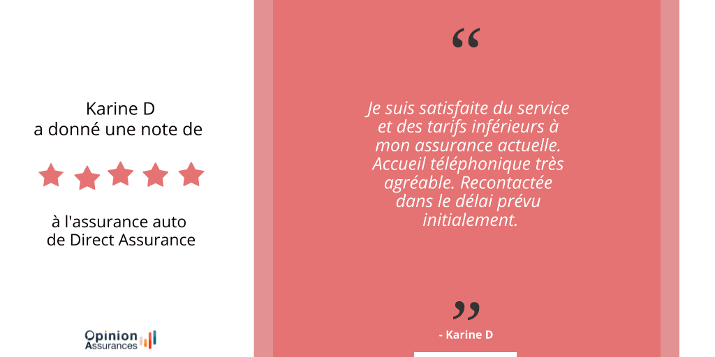 Comme notre internaute, venez partager votre avis sur l'assurance #DirectAssurance 

Karine D a attribué une note de 5 étoiles à son contrat auto 

▶️ opinion-assurances.fr

 #OpinionAssurance #ServiceClient #Assurance #Auto