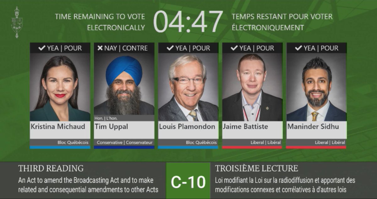 TimUppal's tweet image. In the middle of the night, the Liberals passed Bill C-10 with the support of the NDP, and Bloc.

Our Conservative team tried to restore the clause to protect your freedom of expression online.

It was voted down by every other party.

Democracy dies in darkness. Shameful.