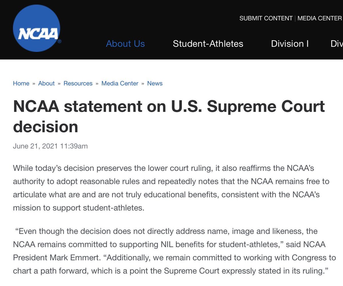 HotlineNcaa's tweet photo. When you come for the king you best not miss. Again we do not recognize the SCOTUS authority over the NCAA. We also would like to highlight that no other Justices concurred with Justice Kavanaugh’s written opinion. https://t.co/RdDODjV22k