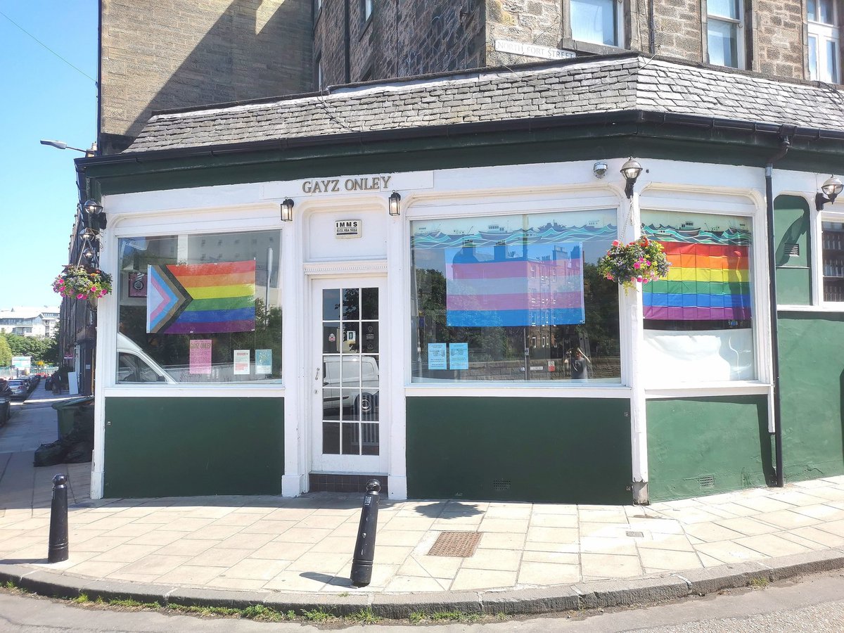 DreadnoughtPub's tweet image. A wee while ago, some knobber graffito'd the pub with 'Gayz Onley' (sic)

Rather than let it annoy us, we figured we could have some fun with it.

So here we are - for one week only - Gayz Onley, (currently) North Fort St's only pop-up Pride bar! 🌈