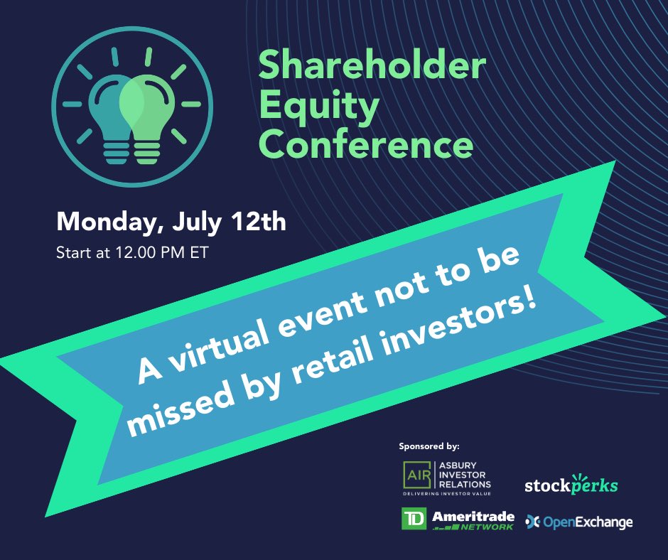 stockperks's tweet photo. We are excited to bring you the inaugural Shareholder Equity Conference. Management teams will participate in 30 minute fireside chats to share investment stories with you, as well as answer any questions you may have.
https://t.co/8GUuRXvjQl
#SHAREconference https://t.co/Z5TD1bHpwO