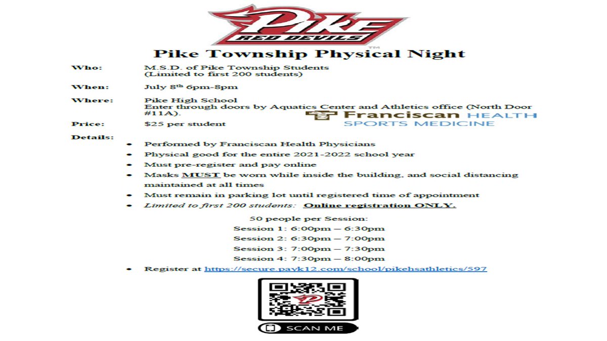 PikeHSAthletics's tweet photo. PIKE TOWNSHIP PHYSICAL NIGHT
JULY 8TH 6PM-8PM
LIMITED TO FIRST 200 STUDENTS 
4 SESSION (50 PEOPLE PER SESSION)
$25 PER STUDENT 
ONLINE REGISTRATION ONLY: 
 https://t.co/D3hZf2Q9u2 https://t.co/tzvAgndTJN