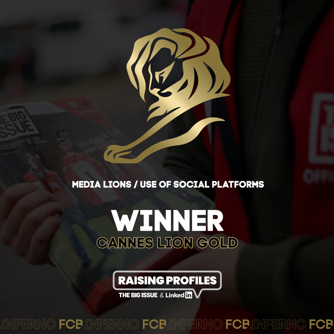 FCBLDN's tweet photo. It is an absolute honour to have received not 1 but 3 @CannesLions awards for #RaisingProfiles today. Well done to all the team, our partners @LinkedInUK and @BigIssue and of course our fantastic vendors! https://t.co/3ISakLXaBa
