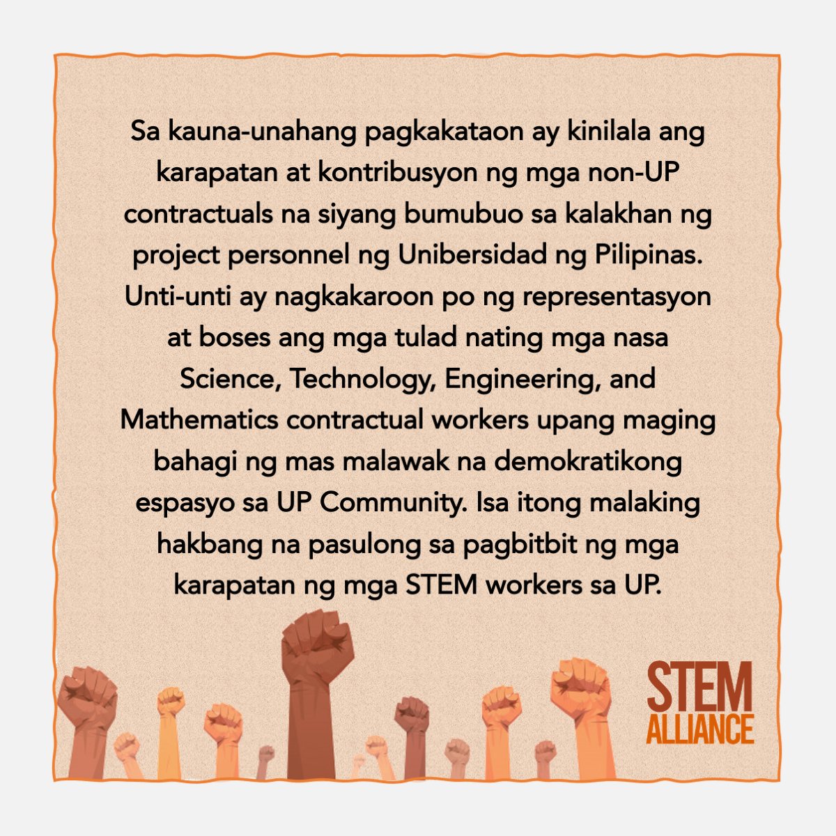 STEMAllianceUPD's tweet photo. "Sa kauna-unahang pagkakataon ay kinilala ang karapatan at kontribusyon ng mga non-UP contractuals na siyang bumubuo sa kalakhan ng project personnel ng Unibersidad ng Pilipinas."
#KwentongSTEMWorker
#7thSRSelection
(3/4) https://t.co/OLhLqhJ7EA