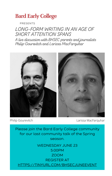 BHSEC's tweet photo. Tomorrow at 5 pm, #BardEarlyCollege will be hosting a live virtual conversation between journalists Philip Gourevitch & Larissa MacFarquhar. Visit https://t.co/N7bvAXzV36 to register. We hope to see you there!
.
#bhsecjuneevent #bhsec #bec #becparents #aplacetothink #earlycollege https://t.co/8iFuc8qkxG