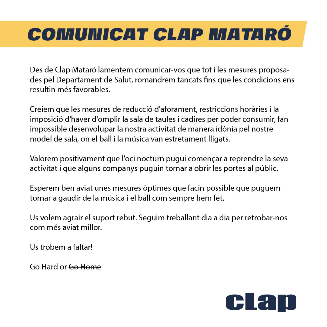 Clap Mataró (@salaclap) on Twitter photo Ens tornarem a veure aviat, però encara haurem d'esperar 🙏🏼 Ens tornarem a veure aviat, però encara haurem d'esperar 🙏🏼
