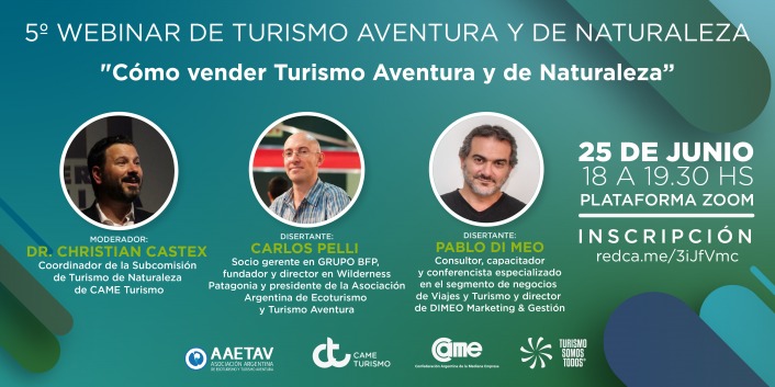 ¿Todavía no te inscribiste? Este viernes 25/06, de 18 a 19.30hs., llega el 5° Webinar, "Cómo vender Turismo Aventura y de Naturaleza", a cargo de los disertantes Carlos Pelli y Pablo Di Meo.
Inscribite en: bit.ly/3qg1Gai
¡NO TE LO PIERDAS!