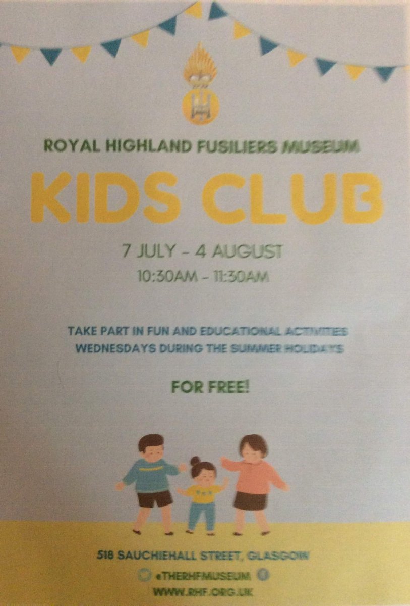 TheRHFMuseum's tweet photo. All Kids are welcome to attend the Royal Highland Fusiliers Museum Kids’ Club this Summer.  Paige &amp; the Museum mascots will welcome all kids with exciting, free activities – so, come &amp; enjoy the fun!  #RHFMuseum #FreestuffGlasgow #Freekidsclub #FusilierWhiteHorse #BugleElephant https://t.co/IKTZdWYQpw