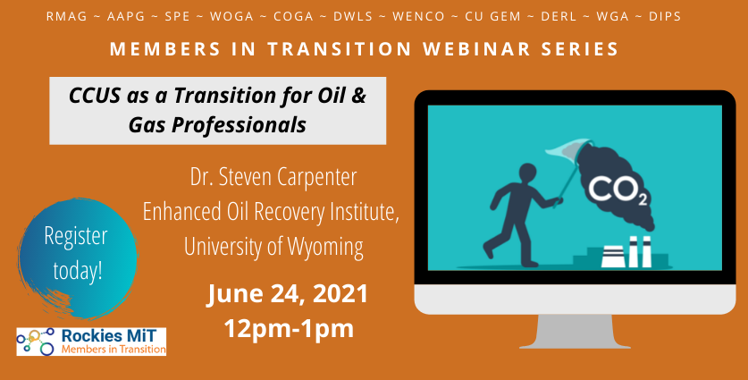 “Carbon Capture, Utilization, and Storage as a Transition for Oil &amp; Gas Professionals."

Date / Time:  12:00 MT June 24th, 2021.
Registration:  tinyurl.com/2cwvrfdf