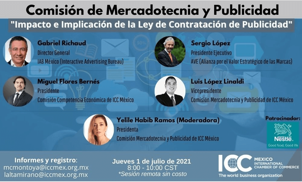 IABMexico's tweet photo. La Comisión de Mercadotecnia y Publicidad de la International Chamber of Commerce te invita a participar en esta sesión, donde se discutirán los impactos de la nueva Ley de Contratación de Publicidad.
Conéctate el próximo jueves 1 de julio a las 8:00h: https://t.co/uqAMI9NpFH https://t.co/PpwuBYtqcm
