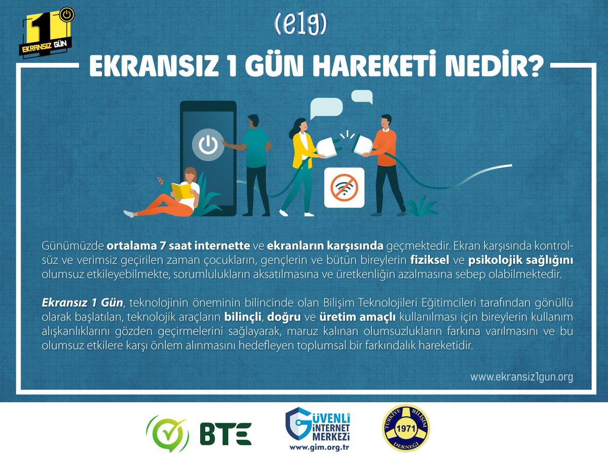 guvenlinet's tweet photo. 🥳 Sizleri 27 Haziran 2021 Pazar günü Ekransız 1 Gün (E1G) Farkındalık Hareketi'ni desteklemeye ve ekransız 1 gün geçirmeye davet ediyoruz. @btedernegi @tbdmerkez
Ekransız 1 Gün geçirmeye var mısınız? 🎆🌠🎆
https://t.co/3TFpQ88p86
#Ekransız1Gün #E1G #guvenliinternet https://t.co/NhvaQL6daY