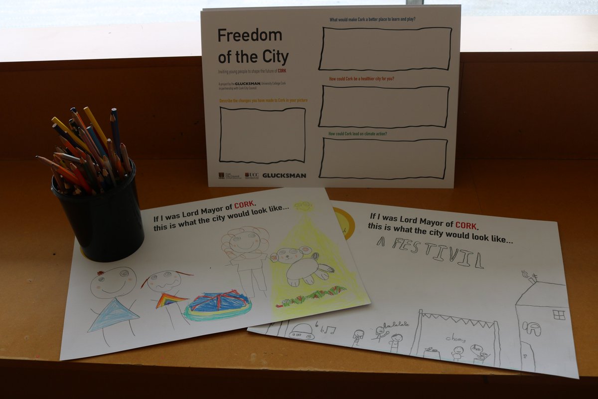 glucksman's tweet image. Have you been into the gallery lately? 🎨

#FreedomOfTheCity asked Cork's young people how they envision the future of Cork 

If you're visiting with young people (or even just want to fill one out yourself!) we have lots of sheets available for you to share your ideas 💡on!