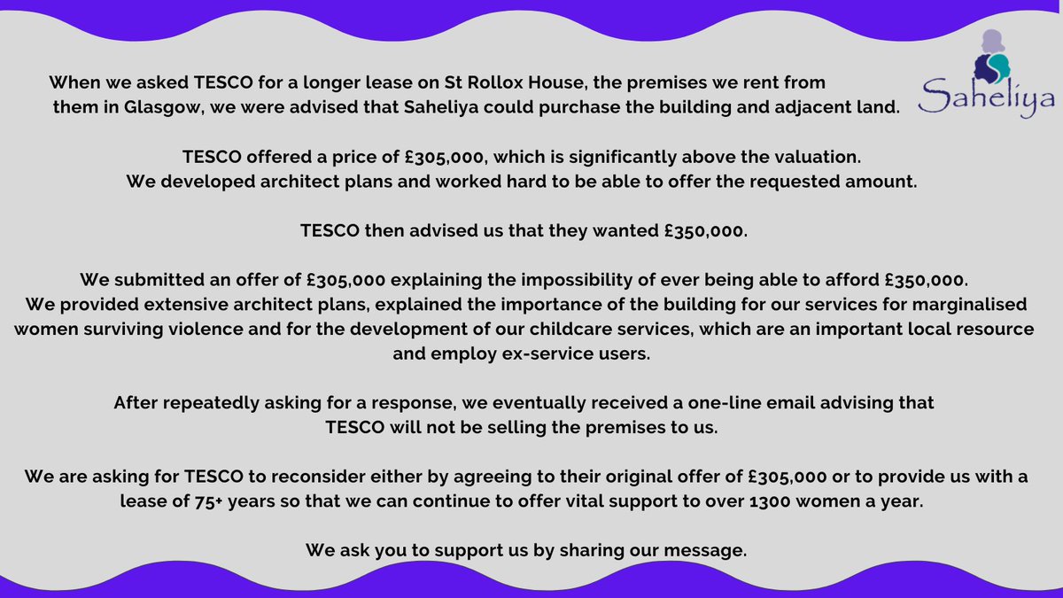 Saheliya's tweet image. Support our request to @Tesco to reconsider their decision regarding our premises in #Glasgow and help us continue to provide our vital grassroot services for marginalised women and children. 
See below for further information 👇
#community #Scotland #support