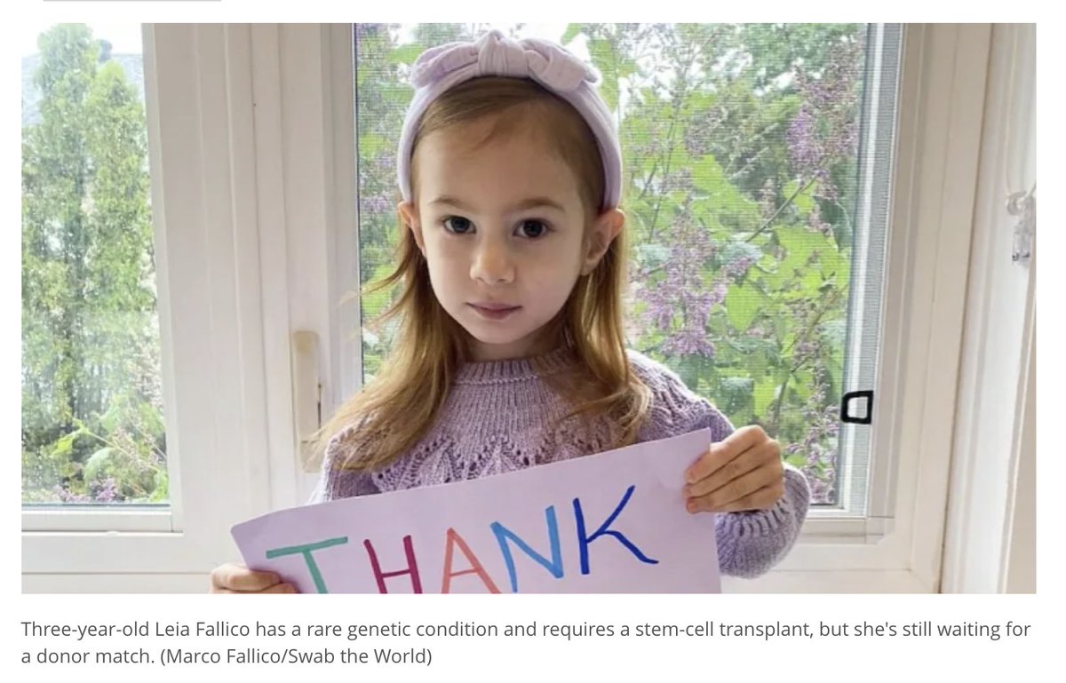 3-year-old ON girl in urgent need of rare mixed-ethnicity stem-cell donor. Leia is of mixed ethnicity, Persian and European, and needs a donor with a similar background to have a better chance of making the transplant successful. Pls share.
cbc.ca/news/canada/to…