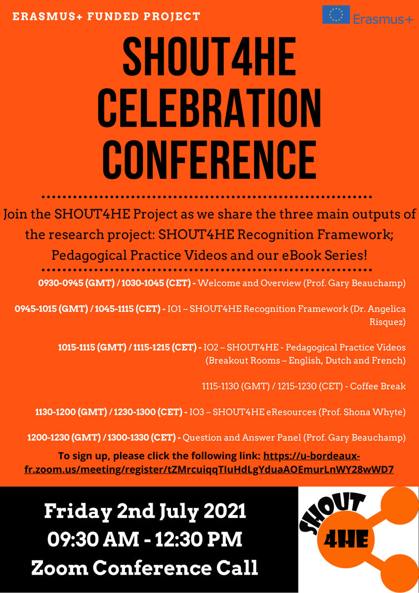 You are kindly invited to join our <a href="/EUErasmusPlus/">Erasmus+</a> project <a href="/SHOUT4HE/">SHOUT4HE</a>
celebration conference on Friday 2nd July 9:30-12:30 Registration:
u-bordeaux-fr.zoom.us/meeting/regist…