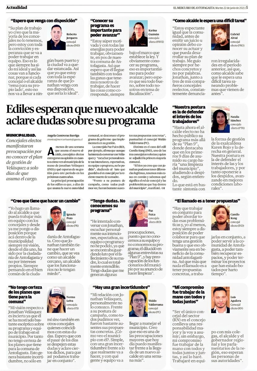 Como concejal electo estoy con la mejor disposición de trabajar en equipo y siempre en razón y  beneficio de la comunidad por sobre mis intereses personales, mi opinión se basa en la experiencia "no creo en las palabras sino en hechos concretos, es la mejor carta de presentación"