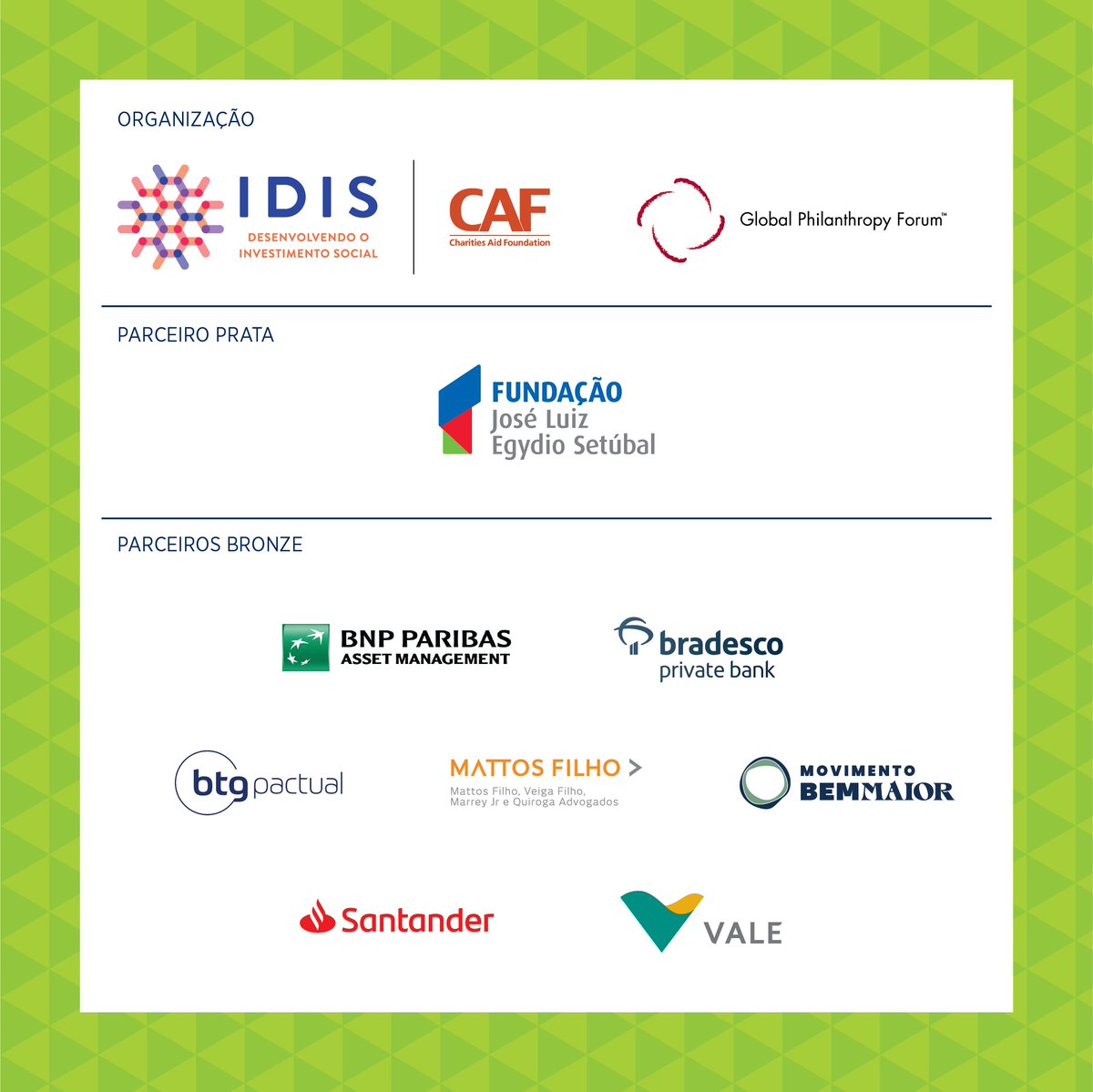 O #ForumIDIS 2021 tem o apoio de parceiros muito especiais! Fundação José Luiz Egydio Setúbal, @BNPPBrasil, Bradesco Private Bank, <a href="/BTGPDigital/">BTG Pactual</a>, <a href="/mattosfilho/">Mattos Filho</a>, <a href="/MovBemMaior/">Movimento Bem Maior</a>, <a href="/santander_br/">Santander Brasil</a> e <a href="/valenobrasil/">Vale no Brasil</a>