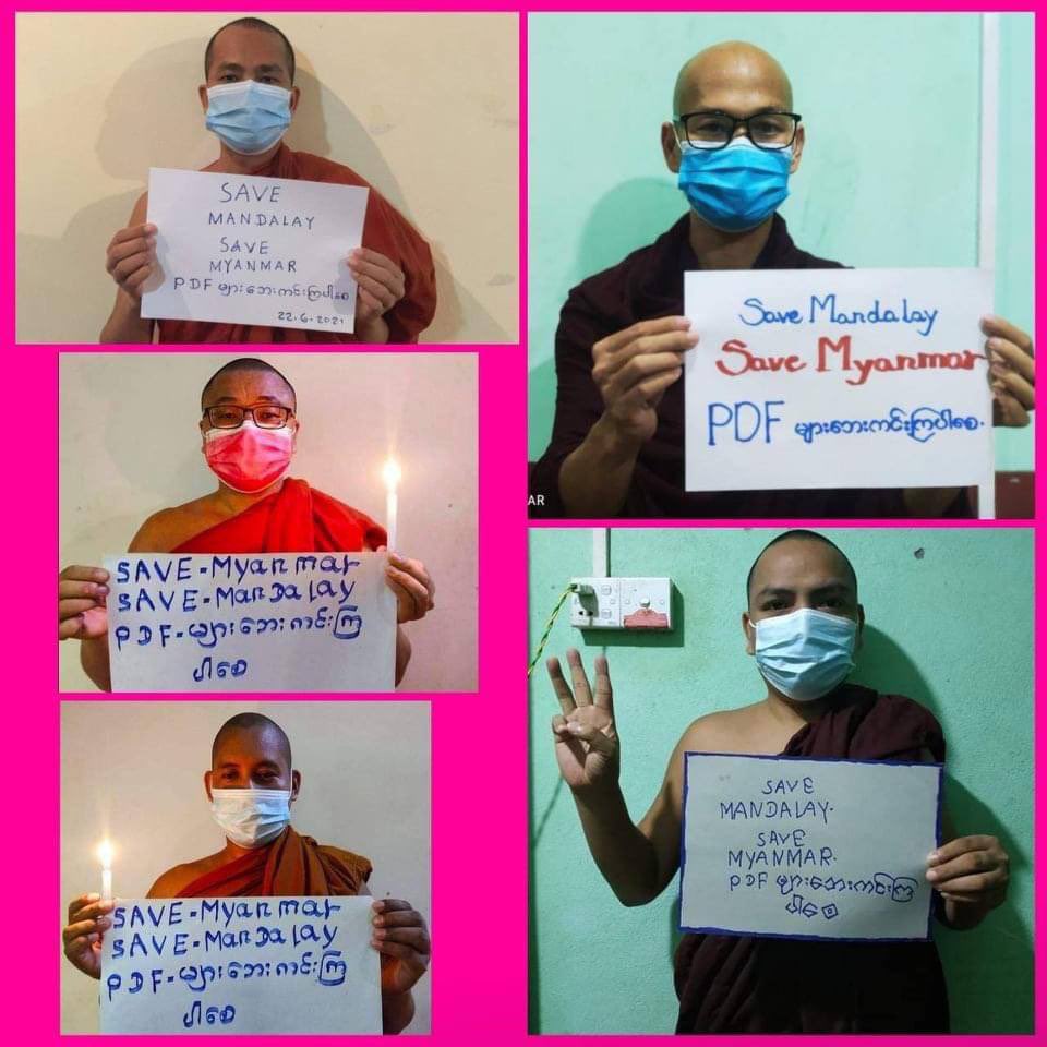 cario_real's tweet photo. Monks from Mandalay demonstrating their rejection on SAC terrorists. #WhatsHappeningInMyanmar  #June22Coup  #UnfetteredAccessForAids https://t.co/McsDY4I1BV