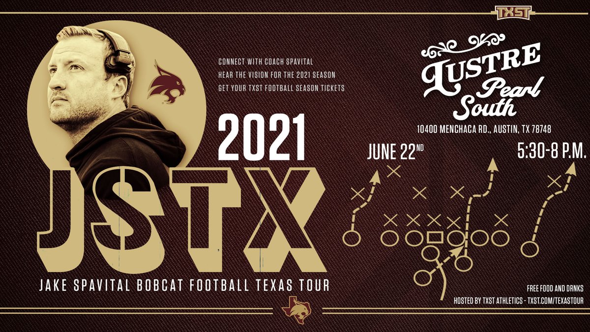 TxStateBobcats's tweet photo. Today is the day! The Jake Spavital Texas Tour takes on Austin! We'll be at Lustre Pearl South talking @TXSTATEFOOTBALL with head coach @JakeSpavital The event is free and open to the public. Get the details and downloadable schedule at https://t.co/MWWRO6Fgyx. #EatEmUp #JSTX https://t.co/OroNoeciRN