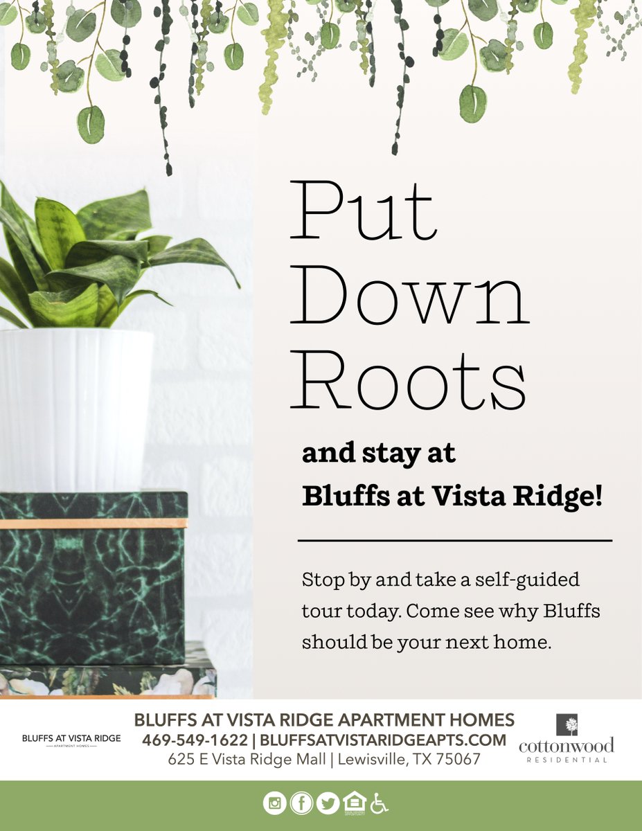 Put Down Roots! Come see why Bluffs at Vista Ridge should be your next home! Take a self-guided tour today! #putdownroots #wearecottonwood #bluffsatvistaridge