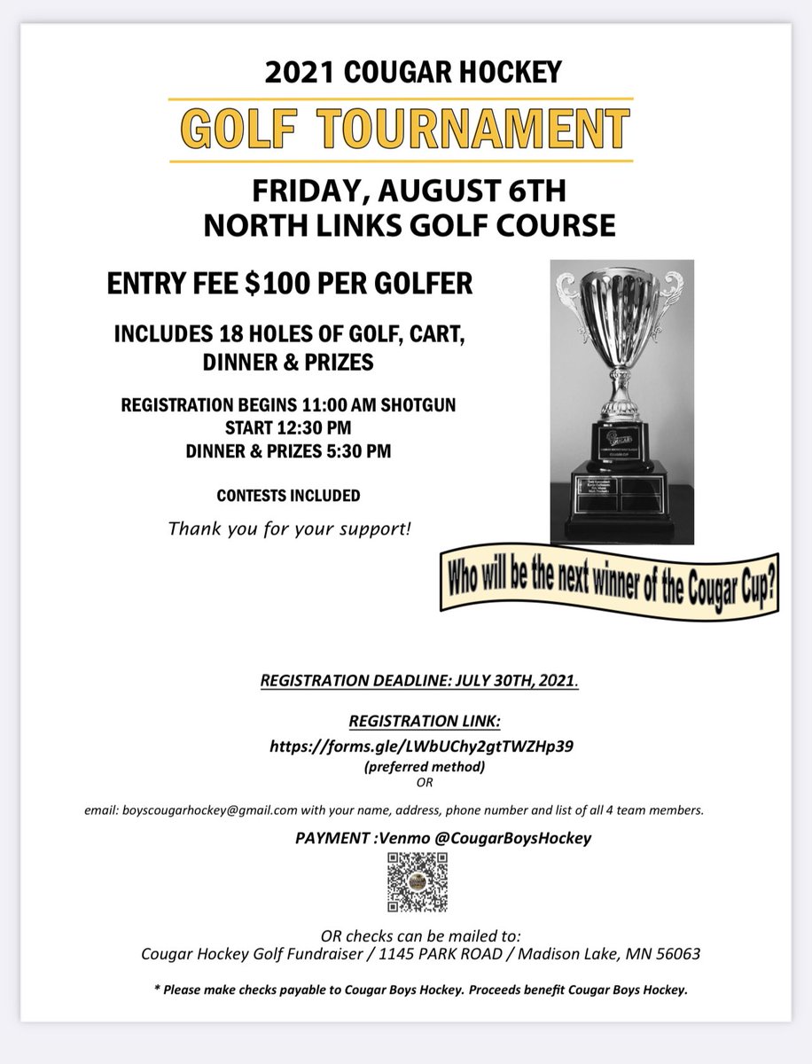 August 6th is the 6th Annual Cougar Hockey Golf tournament! The attachments here are the signup information as well as sponsorship information!  DM us if you have any questions!   We look forward to spending the day with you on the links!  <a href="/HockeyMankato/">EverythingMankatoHockey</a> <a href="/Quarterfront/">Chuck Keller</a>