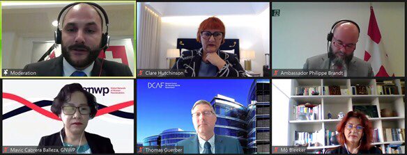 SwissmissionEU's tweet photo. “From civil society to the negation table: Women at the forefront of peacebuilding”: The high-level discussion w/ Clare Hutchinson @NATO, T. Guerber @DCAF_Geneva, @MavicCBalleza &amp; @bleeker_mo is in full swing. Thanks for contributing to today’s #webinar on #womeninpeacebuilding. https://t.co/ryixKfP0wR