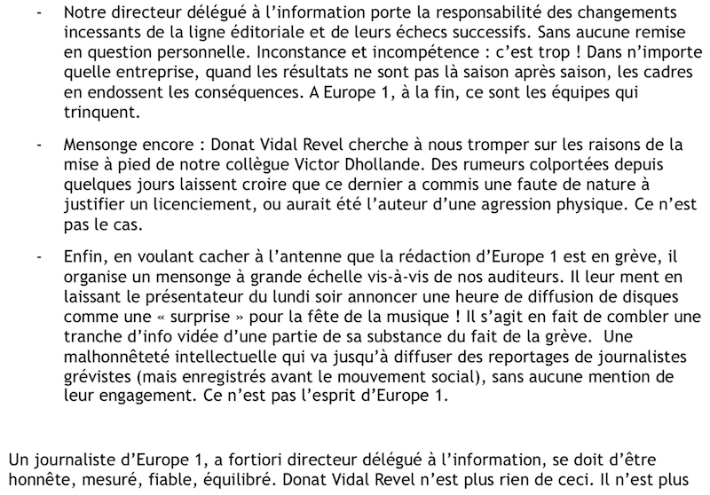 Lesjoursfr's tweet photo. Voici la motion de défiance votée à une très large majorité aujourd'hui par les journalistes d'Europe 1 contre le directeur de l'information Donat Vidal Revel. Ça picote. Et pour comprendre du combat en cours à Europe 1, voici notre dernier article.
➡️ https://t.co/MlfcF3ymuU https://t.co/5AGEylnP6I