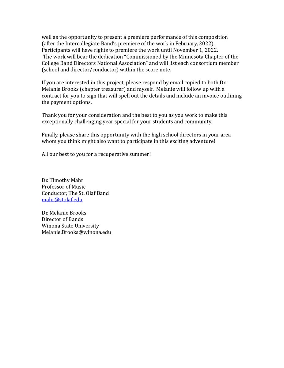 BIG NEWS - The CBDNA is launching a consortium with composer Shelley Hanson to premiere a new Grade 3 work at MMEA Midwinter Clinic 2022. 

Want to be a part of it? See the attached letter for more info!

<a href="/MnMusicEd/">MMEA - Minnesota Music Educators Association</a>
