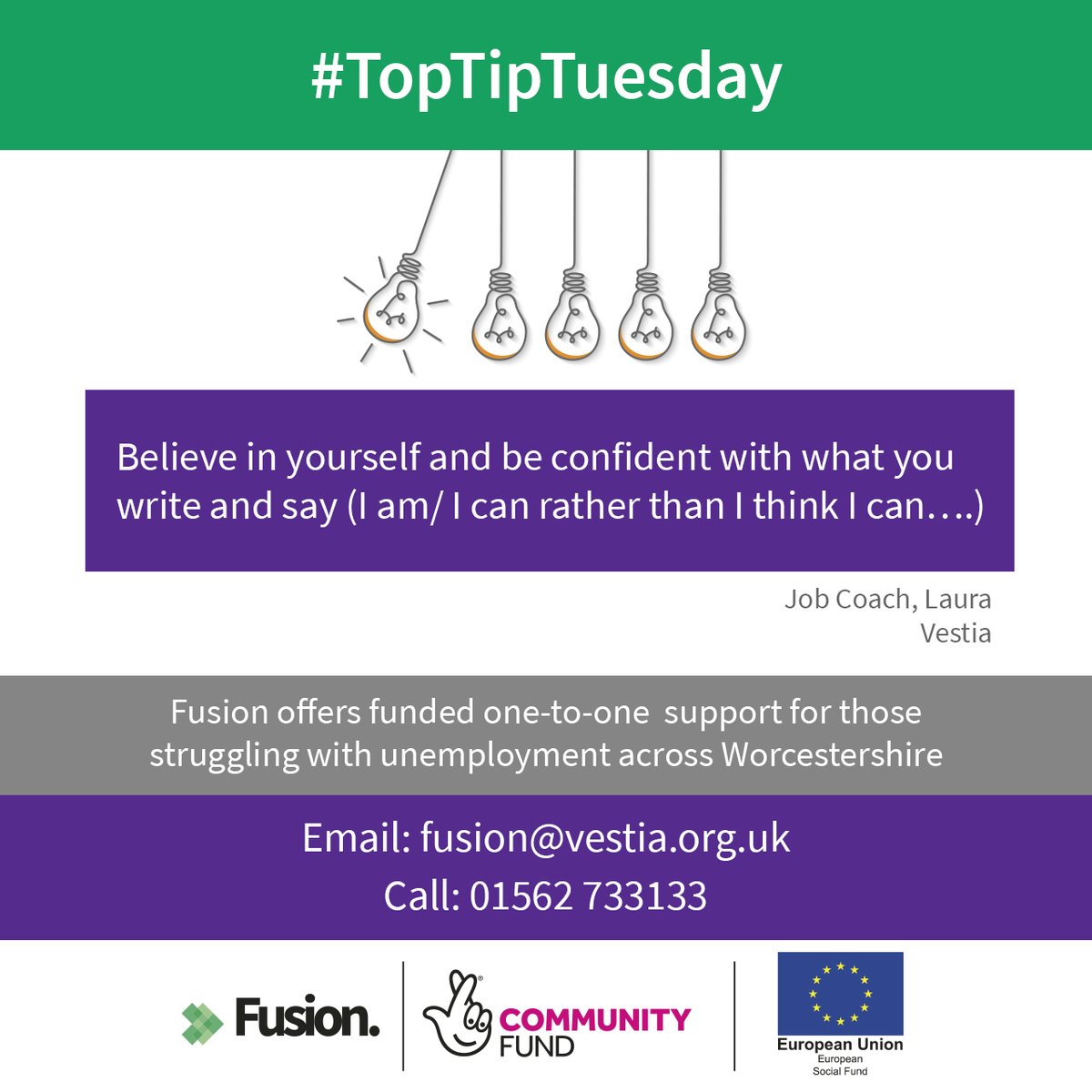 FusionWorcs's tweet image. Today&apos;s #TopTipTuesday comes from #BBO Job Coach Laura. Believe in yourself!
If you are unemployed and would like one-to-one support towards employment, call 01562 733133 or email fusion@vestia.org.uk to connect, grow and shine #WeBelieveInYou
@TNLComFund #tnlcomfundesf