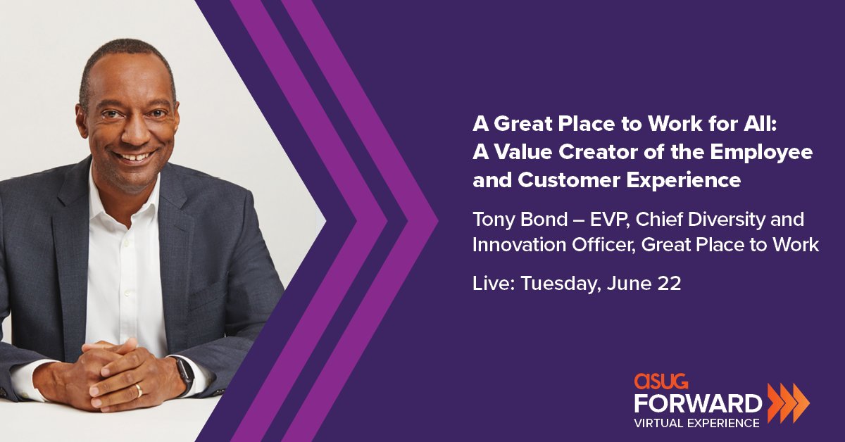 On average, only 49% of U.S. employees are having a good experience in their workplace. Listen in as Tony Bond from <a href="/GPTW_US/">Great Place To Work</a> shares how to improve this. #ASUGFORWARD events.asug.com/forward/agenda…