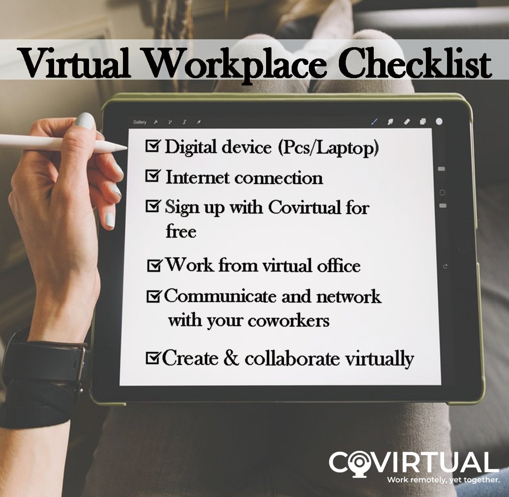 Covirtual_'s tweet photo. A checklist for all that you need to start working from a virtual workplace.
 
DM us or contact at +91 9119266492 for more details.

Visit our website https://t.co/zOQOgEiTkj https://t.co/fC76LVnKLz