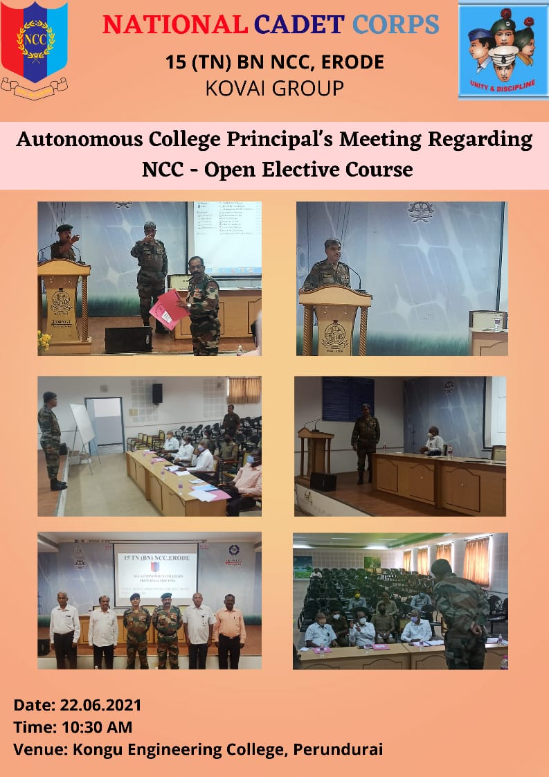 NCCDte_TNPAN's tweet photo. CO 15 TN Bn NCC Unit/ Coimbatore Gp held a meeting with Principals of Autonomous colleges. Discussed in detail about introducing NCC as a general elective subject. 
@HQ_DG_NCC @ugc_india @Def_PRO_Chennai @PIB_India @pibchennai @fobcbe https://t.co/ojjy5HKxfx