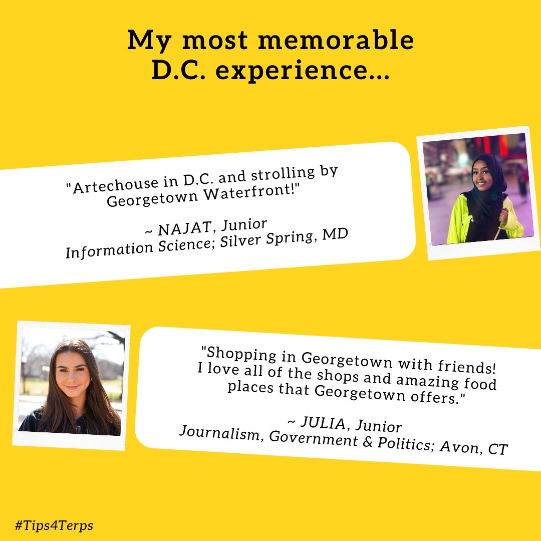 ApplyMaryland's tweet photo. We often mention our proximity to D.C. because we’re proud of the internship and research opportunities it can provide our students. But as Najat and Julia share today, there are plenty of fun things to do in D.C. too! #Tips4Terps https://t.co/HgGoJCFHaZ
