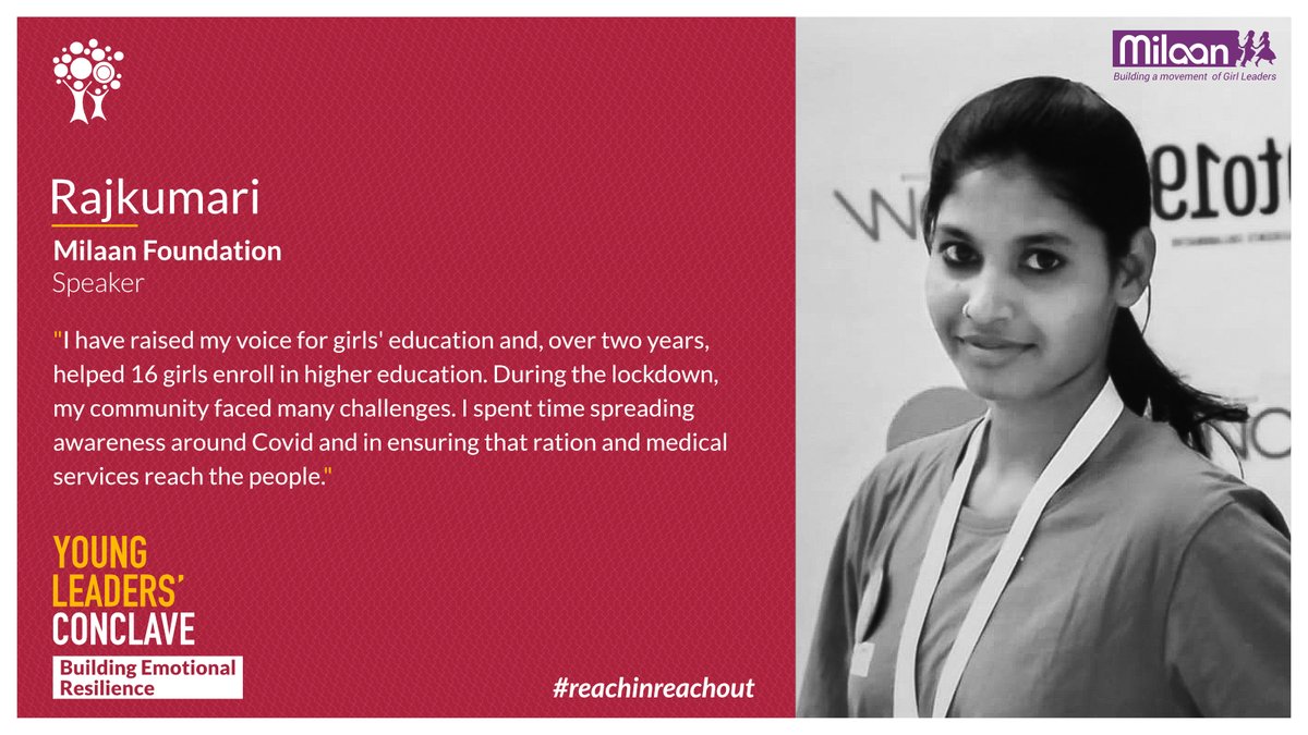 medhaorg's tweet photo. Rajkumari, from @SupportMilaan is a young leader who believes in advocacy and is extensively involved in her community! 
Hear her and other young leaders talk on "Building Emotional Resilience" at the #YoungLeadersConclave. 

To join:https://t.co/yGrsI4iPwp 

#ReachInReachOut https://t.co/TyWpt9dtW6