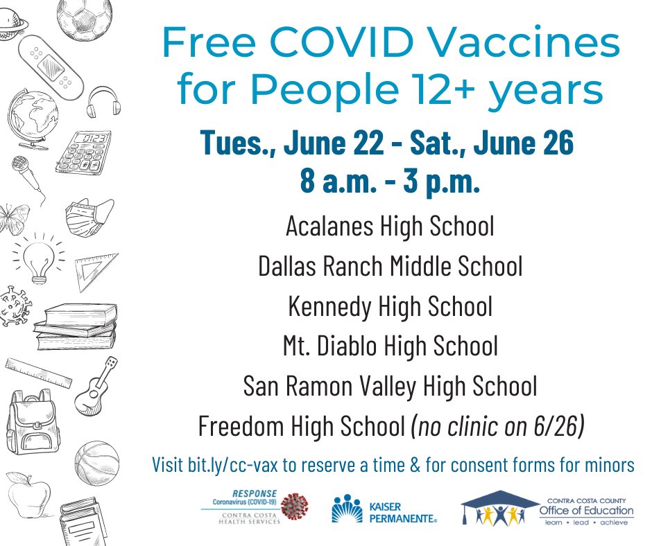 CoCoHealth's tweet photo. THIS WEEK: All people 12+ can get vaccinated at Acalanes High, Dallas Ranch Middle, Kennedy High, Mt. Diablo High, San Ramon Valley High & Freedom High. No appointment is required but you can reserve a time by calling 1-844-829-2626 or going to https://t.co/ikdE244hyH. https://t.co/9KVO7Evw0t