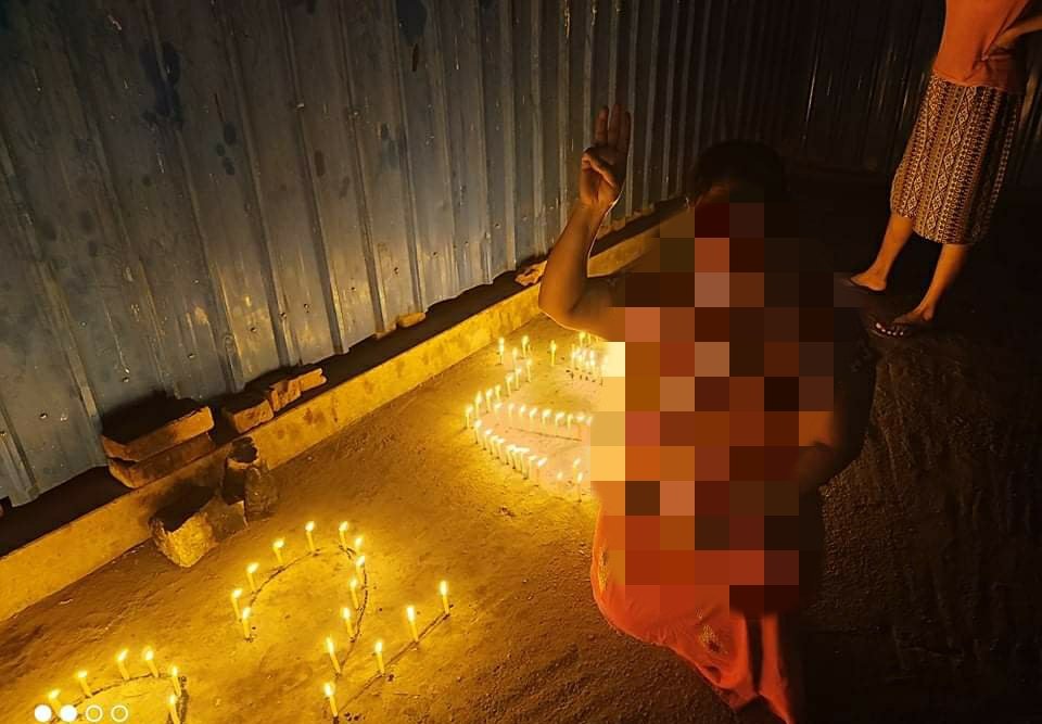 Chanapai247's tweet photo. It has been (4) months of our (22222) strike  which was held on Feb 22 , 2021 . So , I staged a candle-light to remark it. The shape of  "Balance" is for "Justice."
#June22Coup 
#UnfetteredAccessForAids 
#WhatsHappeningInMyanmar https://t.co/IzhUehAK47