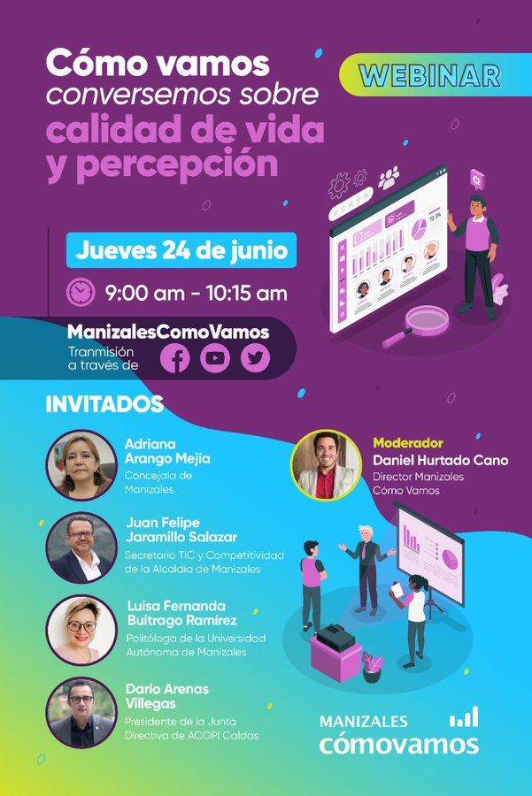 MzalesComoVamos's tweet photo. Este jueves: conversemos sobre #CalidadDeVidaYPercepción con:

- @AdriConcejal, @ConcejodeMzles
 
- @Jufejasa, @SecTICyCompeMzl

- Luisa Fernanda Buitrago Ramírez, politóloga de la 
@uammanizales
 
- @darioarenasv, Presidente de la Junta Directiva de 
@AcopiCaldas https://t.co/h3mDyFpHXz