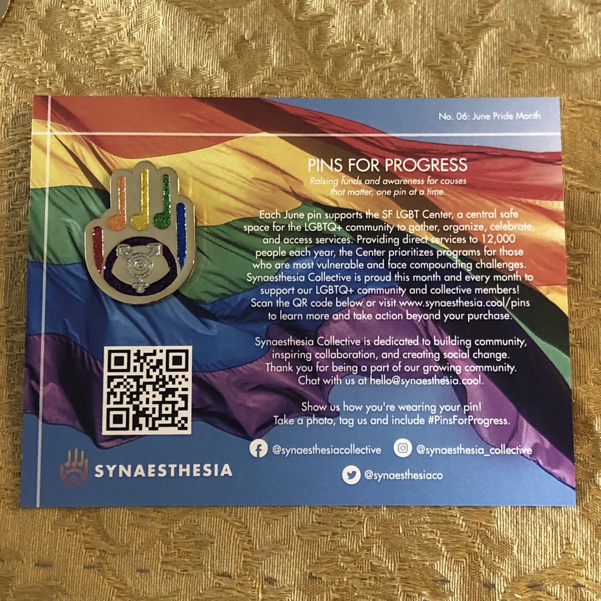 SynaesthesiaCo's tweet photo. This June, we are proud to support @SFLGBTCenter with half of every pin sale! Buy yours now at https://t.co/NzXfYwiyg1.

❤️🧡💛💚💙💜 #HappyPride https://t.co/diGxXdMMG6