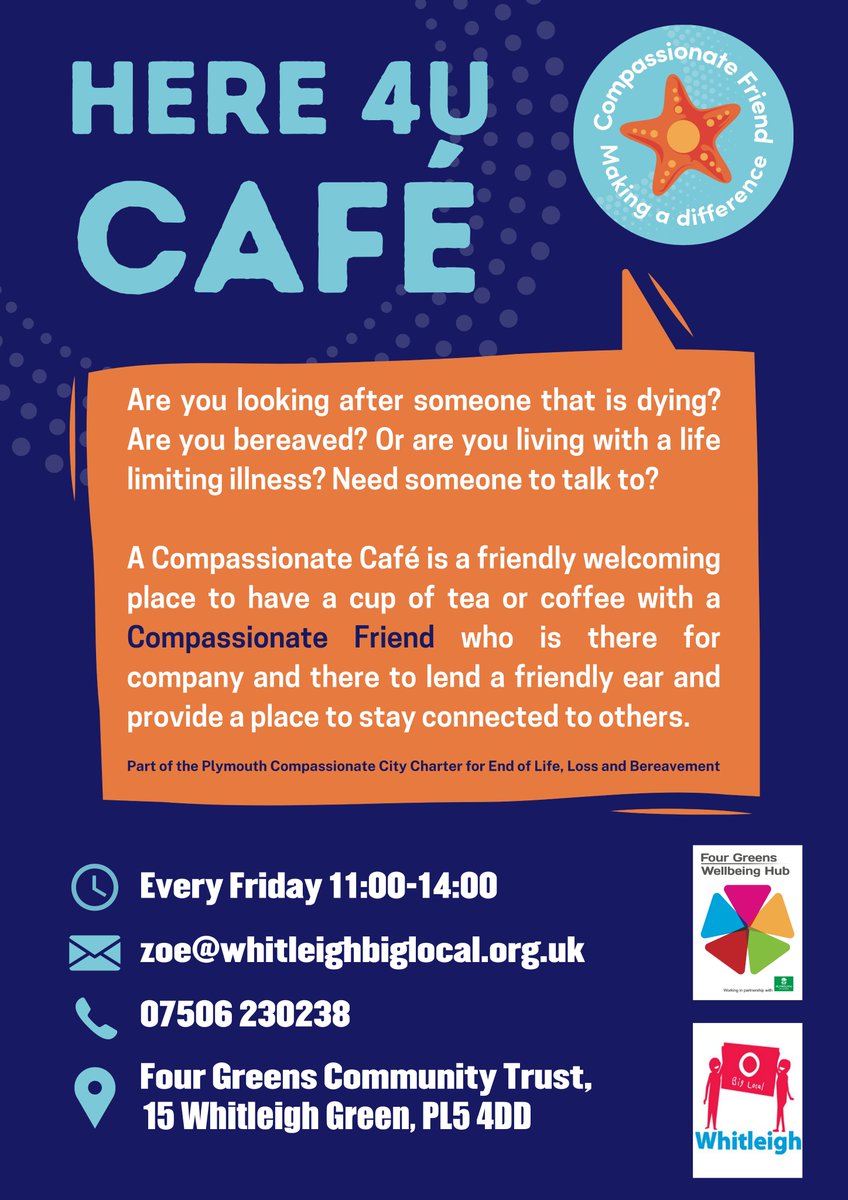 Compassionate Cafe Here 4U at Four Greens Wellbeing Hub is open every Friday 11am-2pm. 

<a href="/livewellsw/">Livewell Southwest</a> @ourplymouth <a href="/PHPlymouth/">Public Health Plymouth</a> <a href="/HealthwatchPlym/">Healthwatch Plymouth</a> 

Click here to find your nearest Compassionate Cafes | tinyurl.com/nvx27mw6