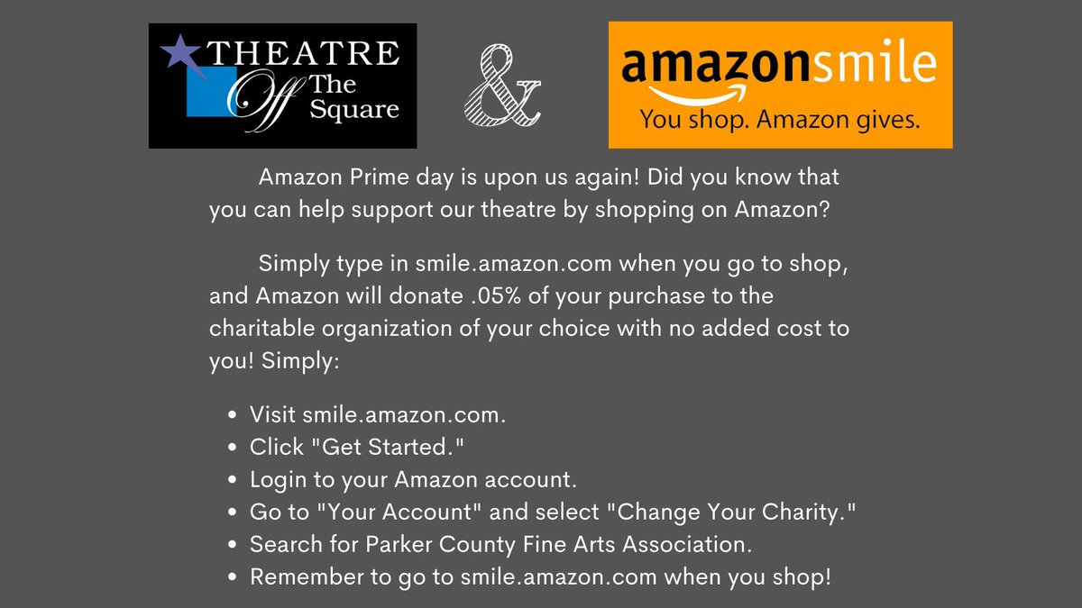 WeatherfordTots's tweet photo. Happy Prime Day! Be sure to use AmazonSmile for all of your Prime Day purchases to support your favorite non-profit organizations. https://t.co/4iX5eBnEPU