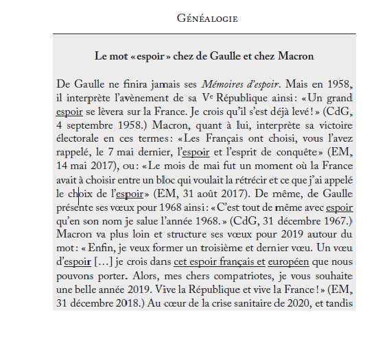 DamonMayaffre (@damon_mayaffre) on Twitter photo "Espoir". Selon l'Intelligence artificielle, #Macron2022 utilisera le mot pour nous convaincre dans sa profession de foi 2022. C'est un mot qu'il aime emprunter à de Gaulle dans des formules très proches. Troublant ! (Macron ou le mystère du verbe, <a href="/EditionsdelAube/">Éditions de l'Aube</a>, p.141 et ss) "Espoir". Selon l'Intelligence artificielle, #Macron2022 utilisera le mot pour nous convaincre dans sa profession de foi 2022. C'est un mot qu'il aime emprunter à de Gaulle dans des formules très proches. Troublant ! (Macron ou le mystère du verbe, <a href="/EditionsdelAube/">Éditions de l'Aube</a>, p.141 et ss)