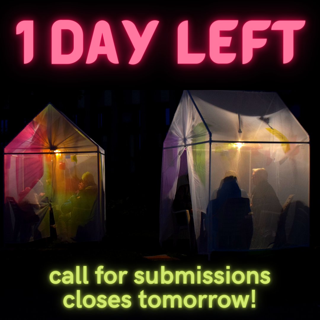 antigonightfest's tweet photo. Only ONE DAY LEFT to apply for our 12th season. Get your applications in while you still can!

Image description: Pink &amp; green text states "one day left; call for submissions closes tomorrow." Patrons sit in small tents beneath brightly coloured lights, against a dark background. https://t.co/edBHEy79kx