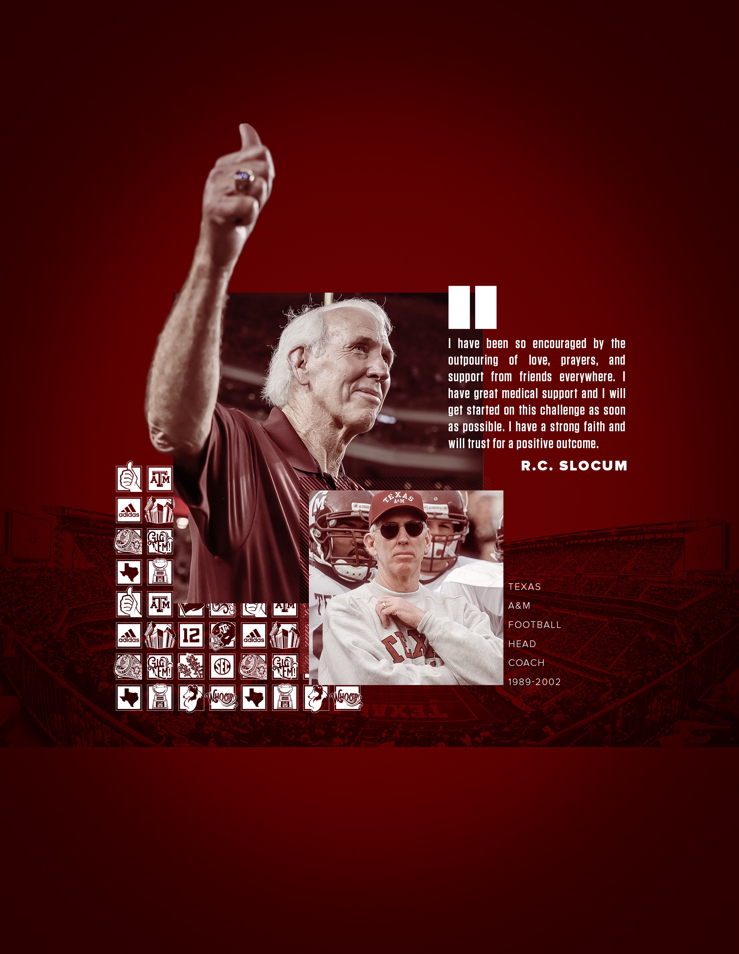 RC Slocum quote: "I have been so encouraged by the outpouring of love, prayers, and support from friends everywhere. I have great medical support and I will get started on this challenge as soon as possible. I have a strong faith and will trust for a positive outcome."