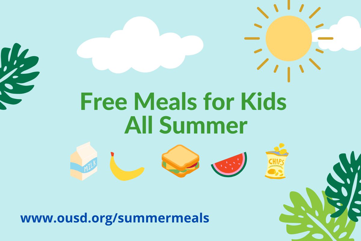 OUSD summer school sites are offering free meals Monday through Friday. Pick up times vary by location; find multilingual flyers with locations and a map at ousd.org/summermeals