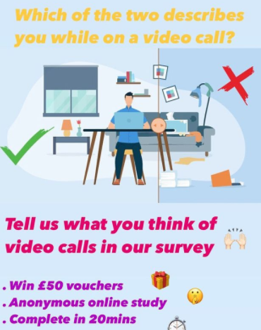 videocallsstudykcl (@videocallsstudy) on Twitter photo What does your space look like while on a video call?
<a href="/KingsCollegeLon/">King's College London</a> online survey about video call experiences.
Complete within 20 mins and have the chance to win £50 shopping vouchers!
#zoom #teams #videocalls #videoconferencing What does your space look like while on a video call?
<a href="/KingsCollegeLon/">King's College London</a> online survey about video call experiences.
Complete within 20 mins and have the chance to win £50 shopping vouchers!
#zoom #teams #videocalls #videoconferencing