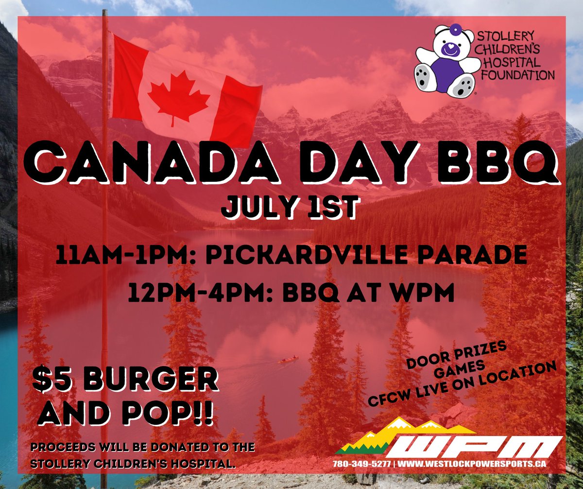 WPM_Westlock's tweet photo. Come join WPM for a Canada Day BBQ, July 1st

🚨11am-1pm we will be attending the Pickardville Canada Day Parade

🚨12pm-4pm we will be serving up burgers at WPM (9020-100th Street, Westlock)

$5 burger and pop, with proceeds being donated to the Stollery Children's Hospital. https://t.co/JUGnyvLVDA